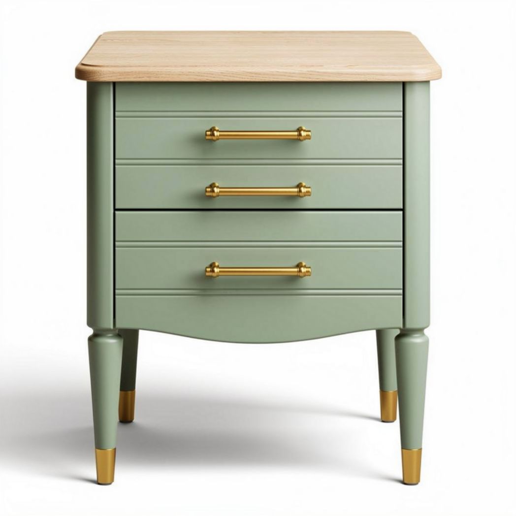 Green nightstand with three drawers and wood top 50 x 40 x 60cm