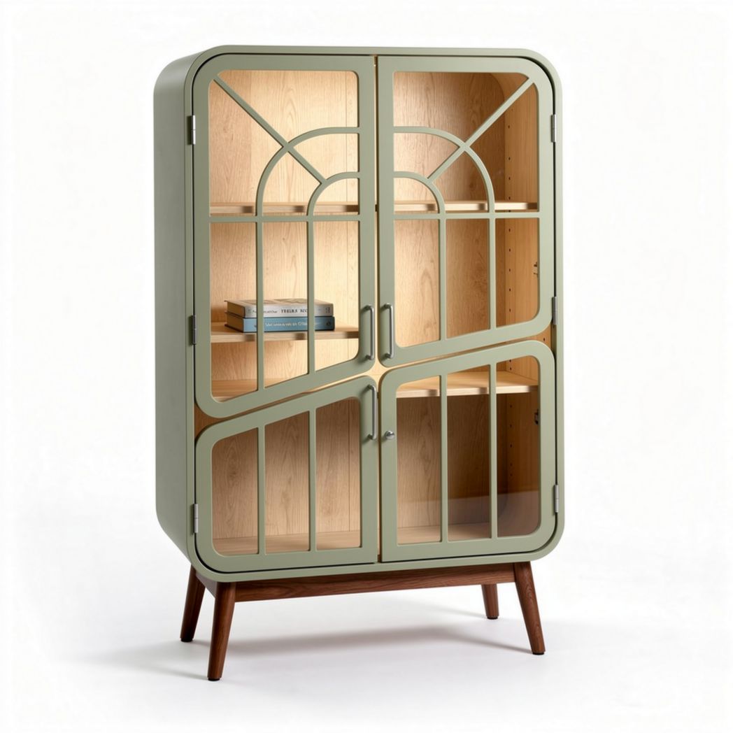 Glass door cabinet with wooden shelves and metal frame in green 80 x 40 x 120cm