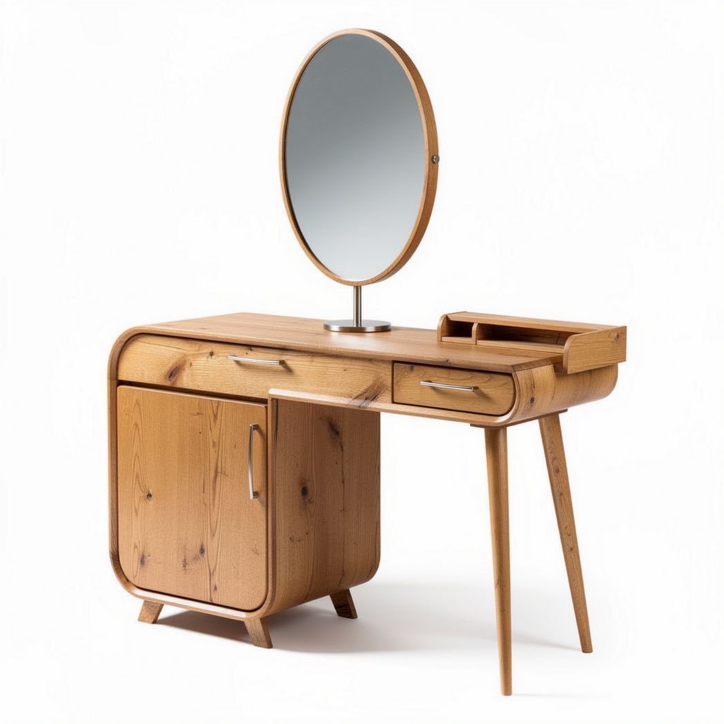 Natural wood vanity table with round mirror and storage drawer 120 x 60 x 75cm