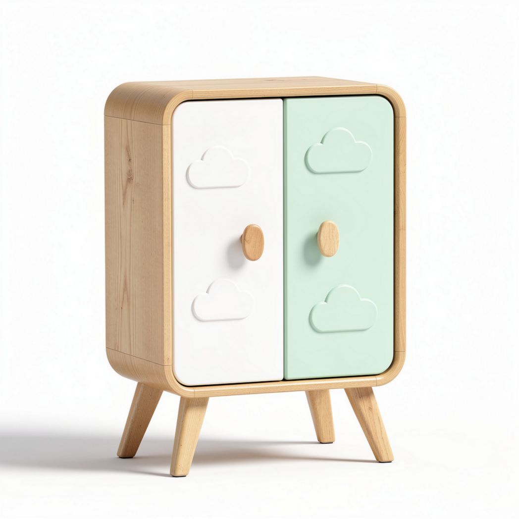 Wooden kids cabinet with cloud design doors in white and mint green 60 x 40 x 80cm