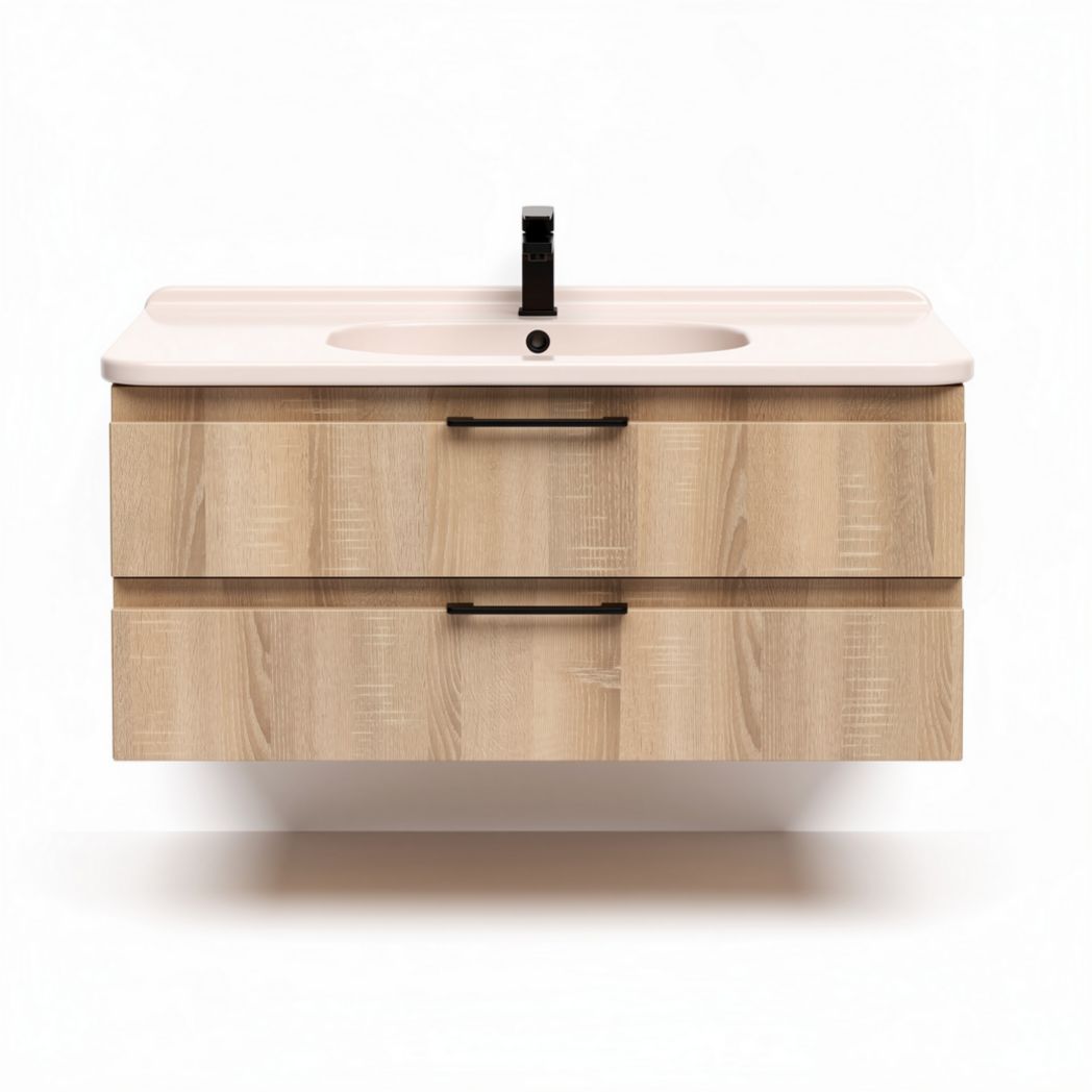 Wall-mounted bathroom vanity with two drawers in natural wood finish 80 x 50 x 40cm