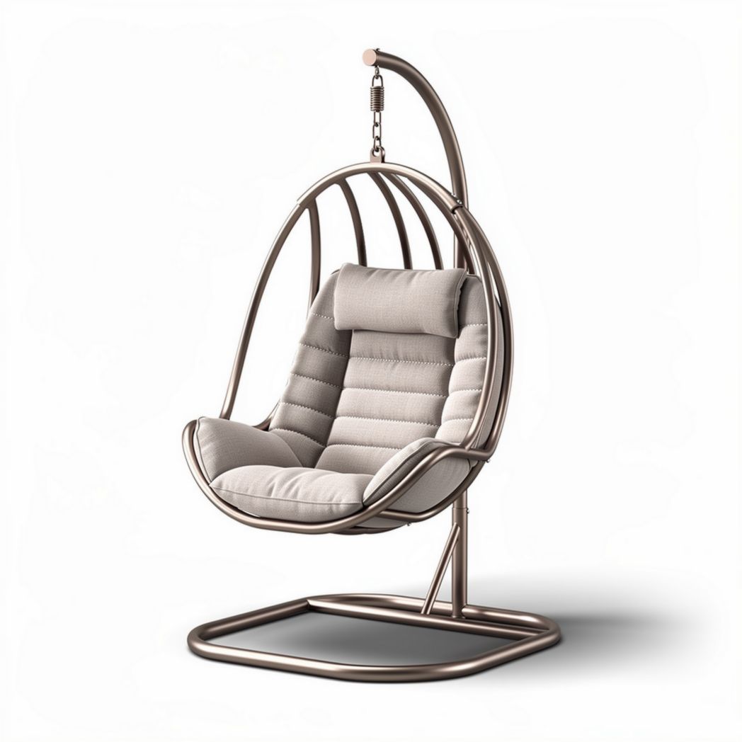 Hanging chair with metal frame and padded cushion in grey color