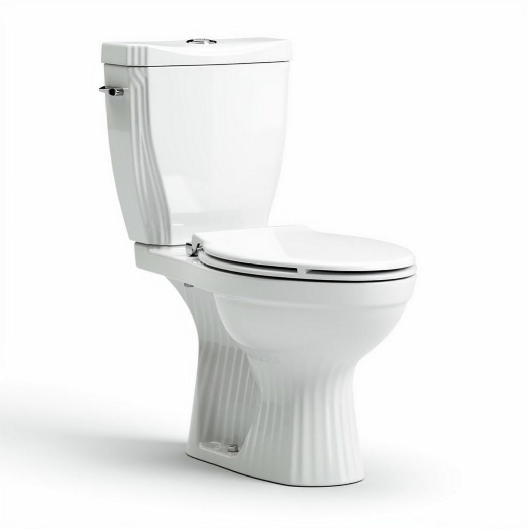 Two-piece white porcelain toilet with elongated seat and standard height 70 x 40 x 80cm