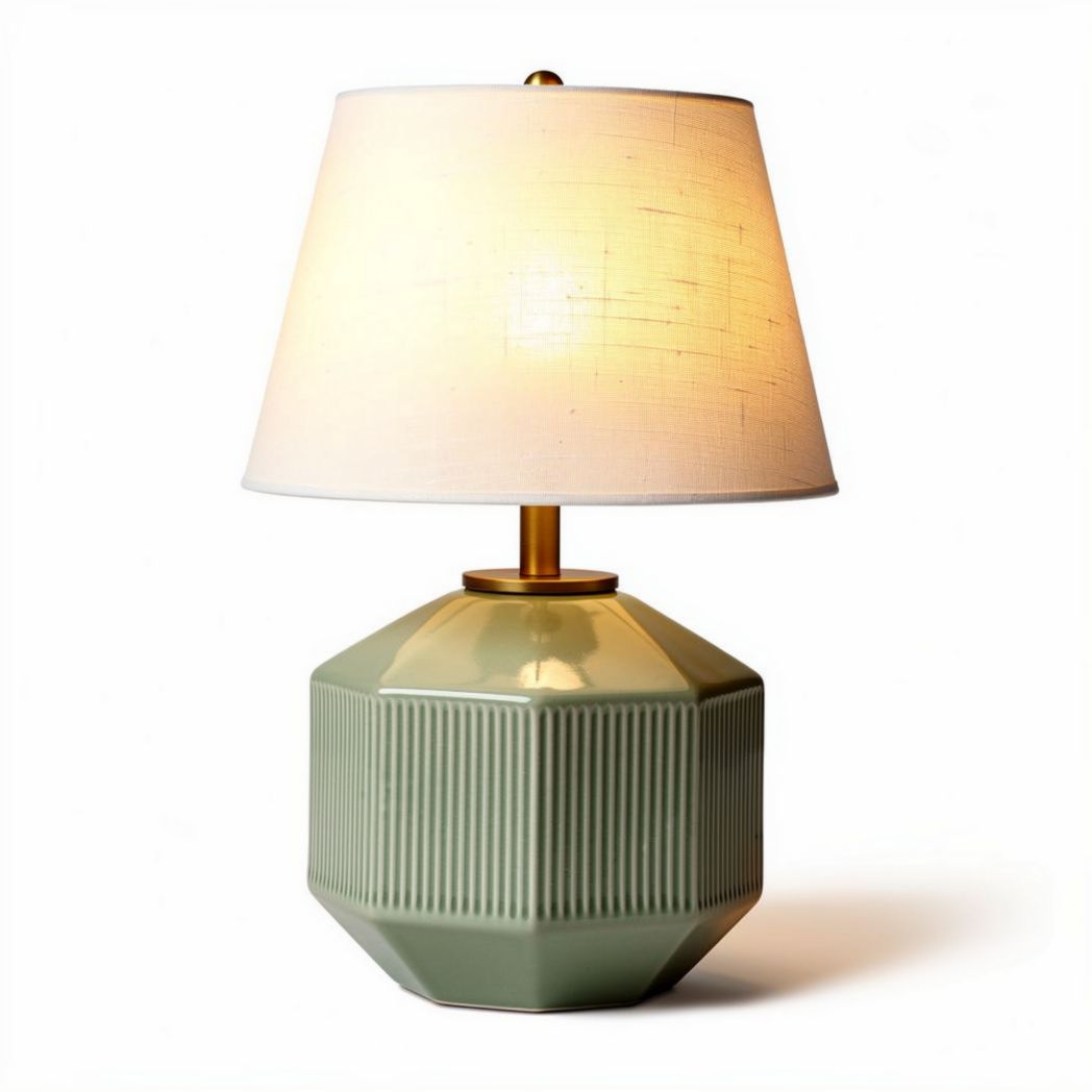 Green ceramic base table lamp with linen shade measures 30 x 30 x 55cm