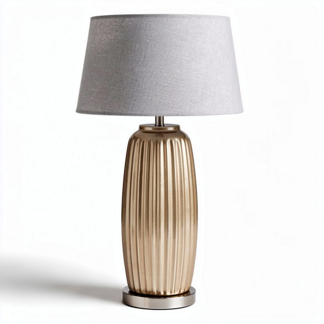 Table lamp with ribbed metal base and gray fabric shade 25 x 25 x 50cm
